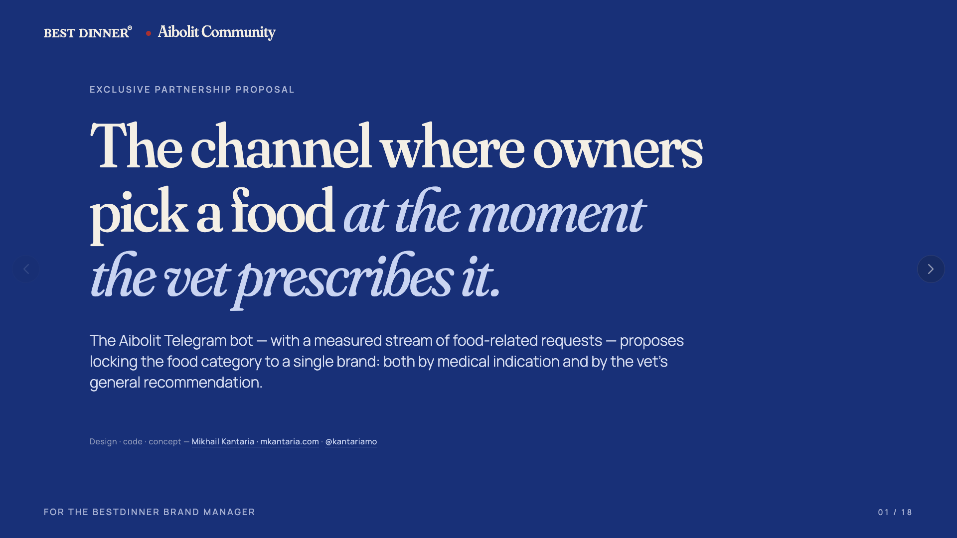 Slide 01 — opening hook in Fraunces display serif, both brand marks at the top, deep-linkable via #N URLs.